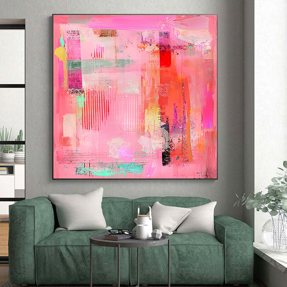 Colorful Mixed - Media Pink Abstract Art with Diverse Textures GER255