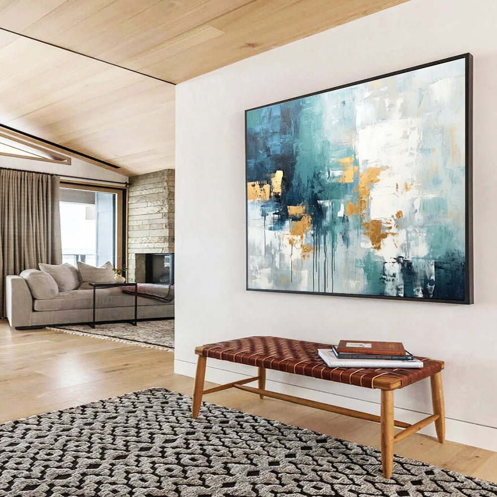 Teal Grey Gold Abstract Painting THY072