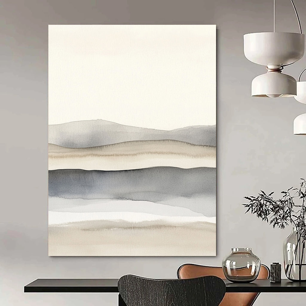Large abstract painting featuring light gray and white watercolor shapes with soft blurred lines creating a serene landscape of dunes.STSC1464