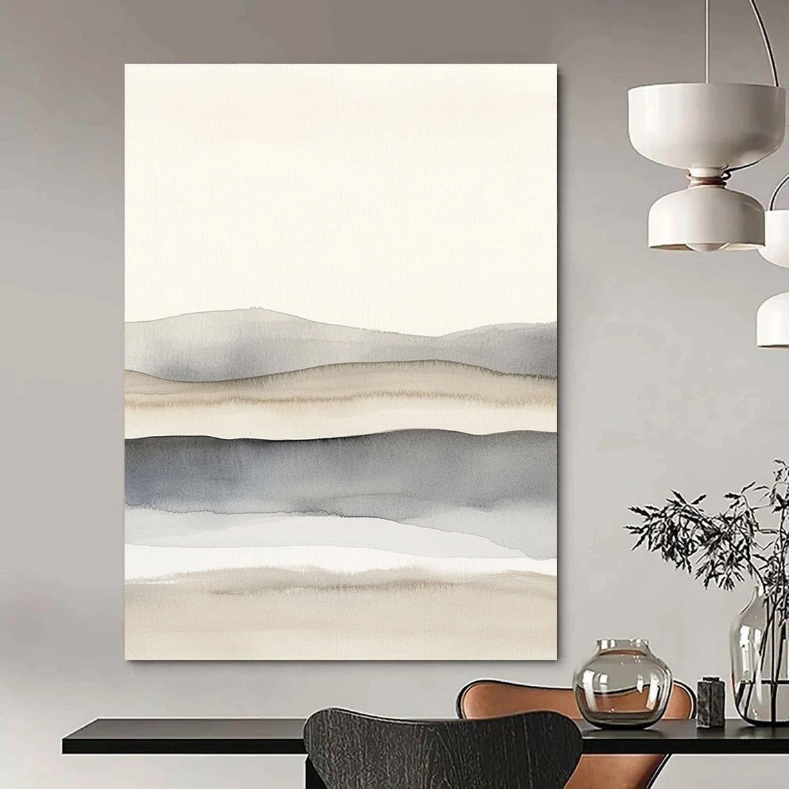 Large abstract painting featuring light gray and white watercolor shapes with soft blurred lines creating a serene landscape of dunes.STSC1464