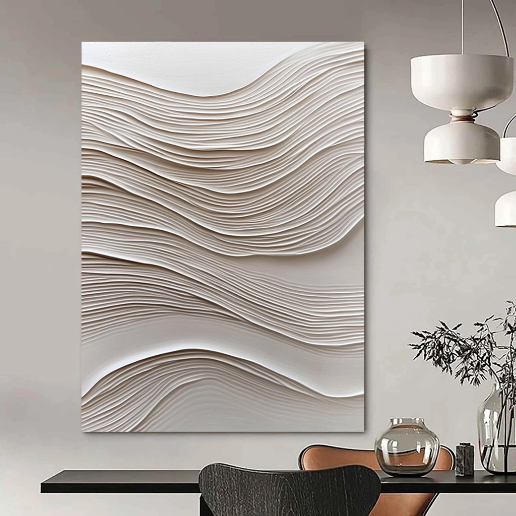 Large Abstract Art Featuring Wavy Lines on White Paper with Soft Lighting and Oil Painting Texture Highlighting Elegance and Simplicity.STSC965