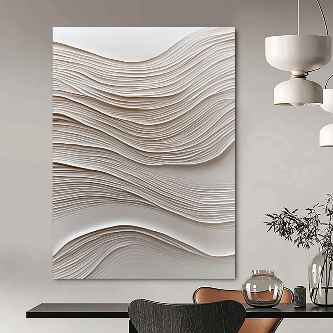 Large Abstract Art Featuring Wavy Lines on White Paper with Soft Lighting and Oil Painting Texture Highlighting Elegance and Simplicity.STSC965