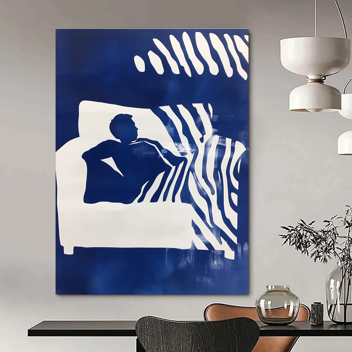 Abstract art featuring a man on a couch with blue and white stencil print and a zebra pattern background in a striking double exposure effect.STSC1210