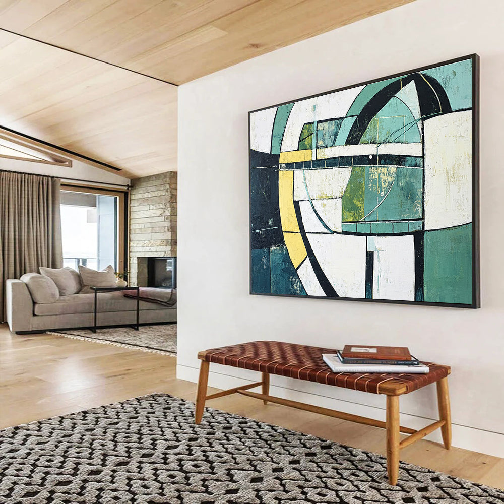 Geometric Green Abstract Painting with Circular and Rectangular Forms DYP411