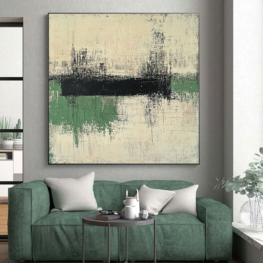 Black and Green Abstract Painting with Textured Layers GER561