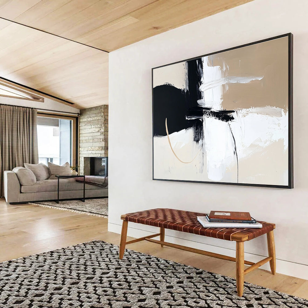 Large abstract painting in black white and beige featuring thick brush strokes and bold shapes for modern decor.SC499
