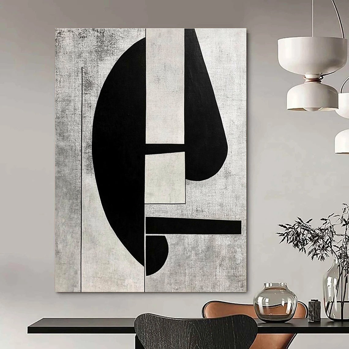Large abstract painting in black and white on grey background featuring cubism elements and minimalistic retrofuturist style inspired by 1930s art.STSC465