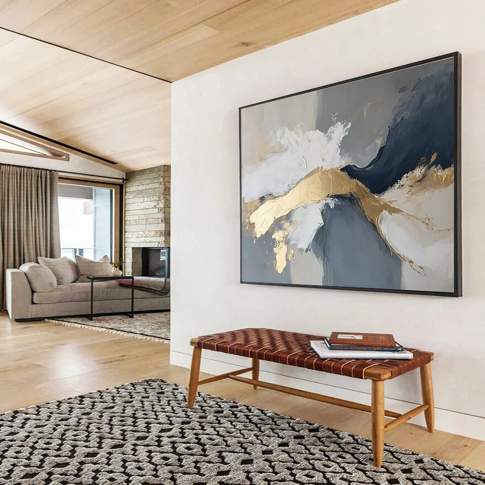 Large abstract painting in gray and white with gold accents, atmospheric and moody, featuring intricate details.SC140
