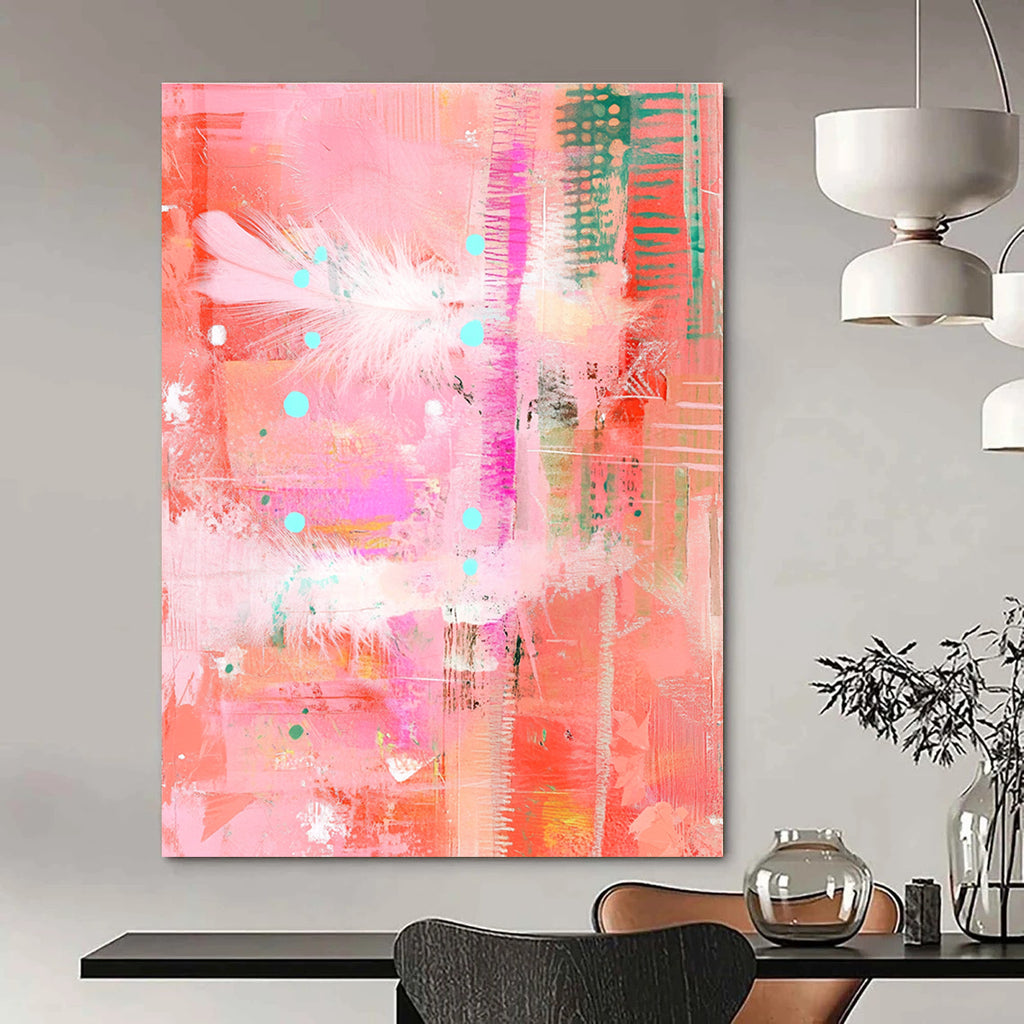 Large abstract painting featuring pastel pinks and reds with feathers dots and lines in a mixed media collage style on a textured pink background.STSC455