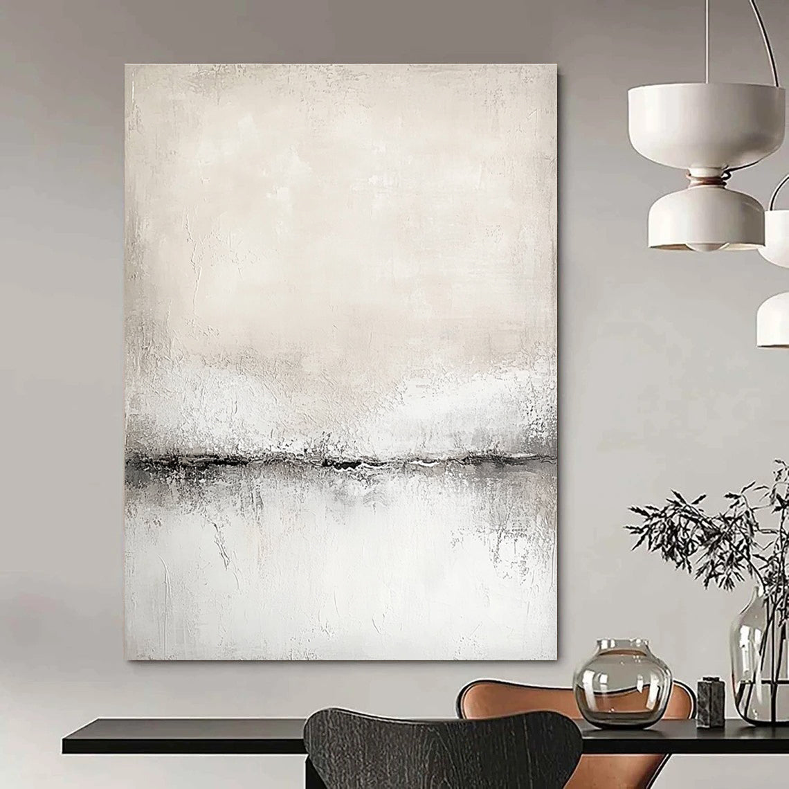 Abstract painting in white and grey tones with a soft textured canvas featuring a neutral color palette in a modern art style.STSC128