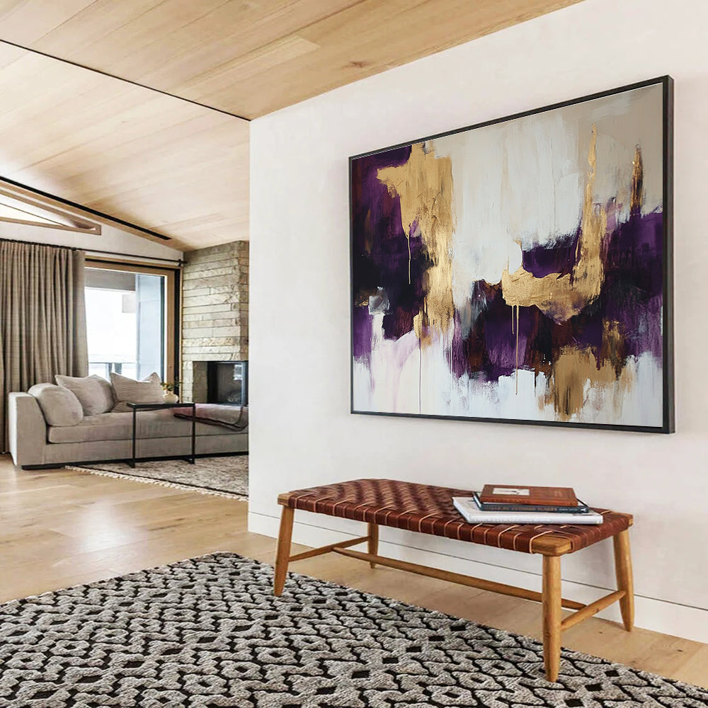 Large abstract painting in white and purple with gold hints soft edges dark tones creating an atmospheric vibe.SC212
