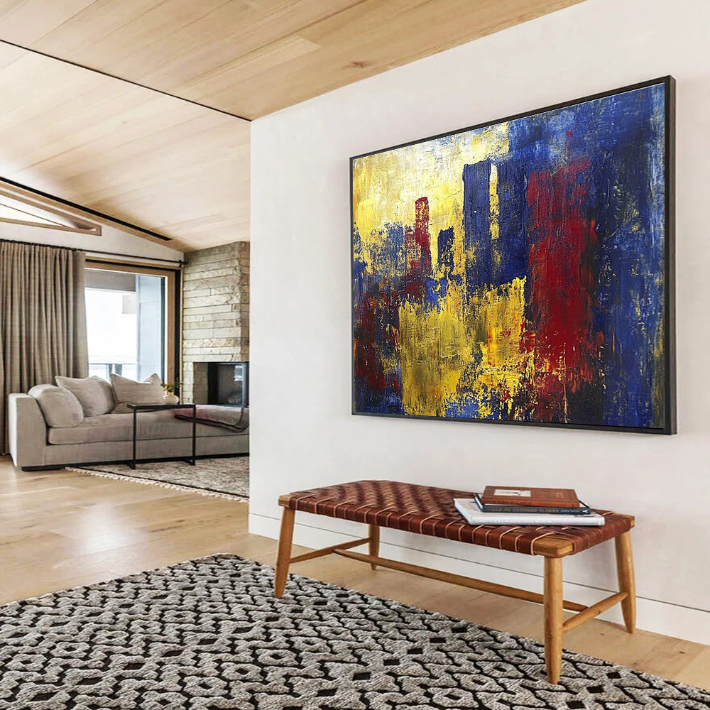 A large abstract painting inspired by J.M.W. Turner and Picasso featuring vibrant yellow blue and red hues with heavy brush strokes and dynamic textures.SC357