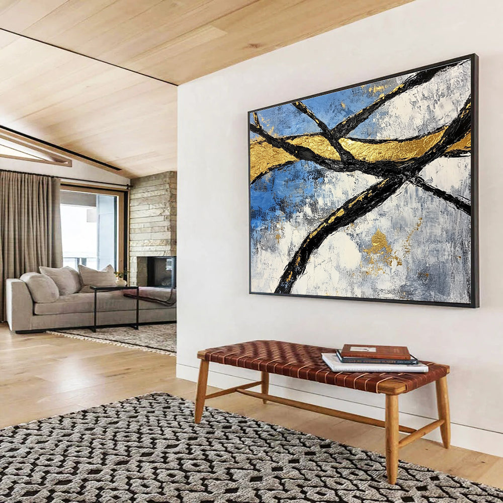 Golden Branches Abstract Painting with Blue and Gold Tones DYP525