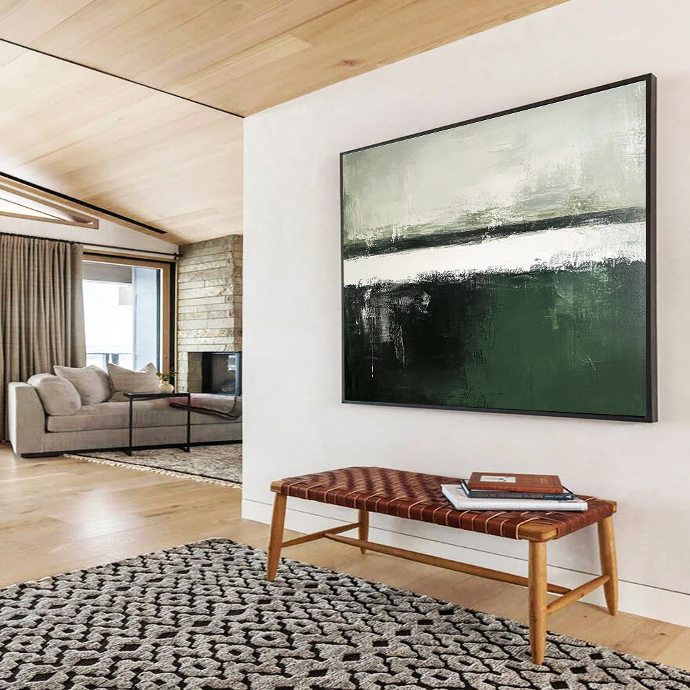 Large abstract painting in dark green and gray tones features a white sky and dark gray sea, showcasing subtle textures in a minimalistic composition.SC054