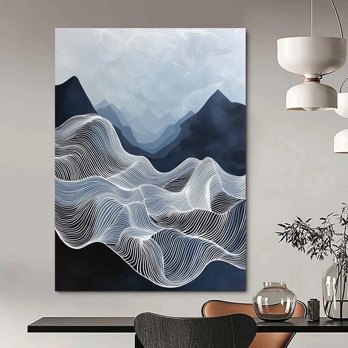 Large abstract painting of ethereal waves with flowing white lines against a deep blue sky featuring black mountains and mysterious organic forms.STSC1147