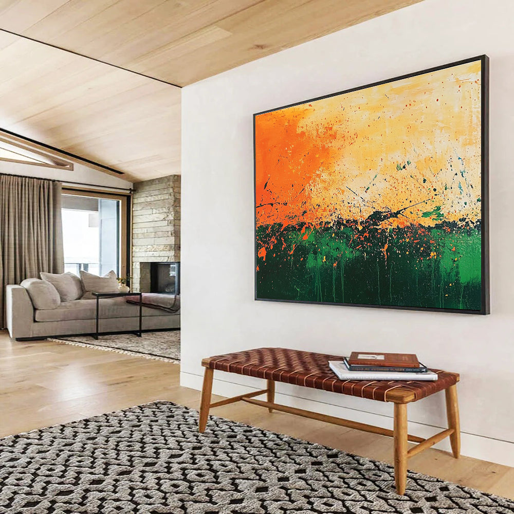 Large abstract painting featuring vibrant orange and green paint splatters reminiscent of Jackson Pollock's dynamic style.SC062