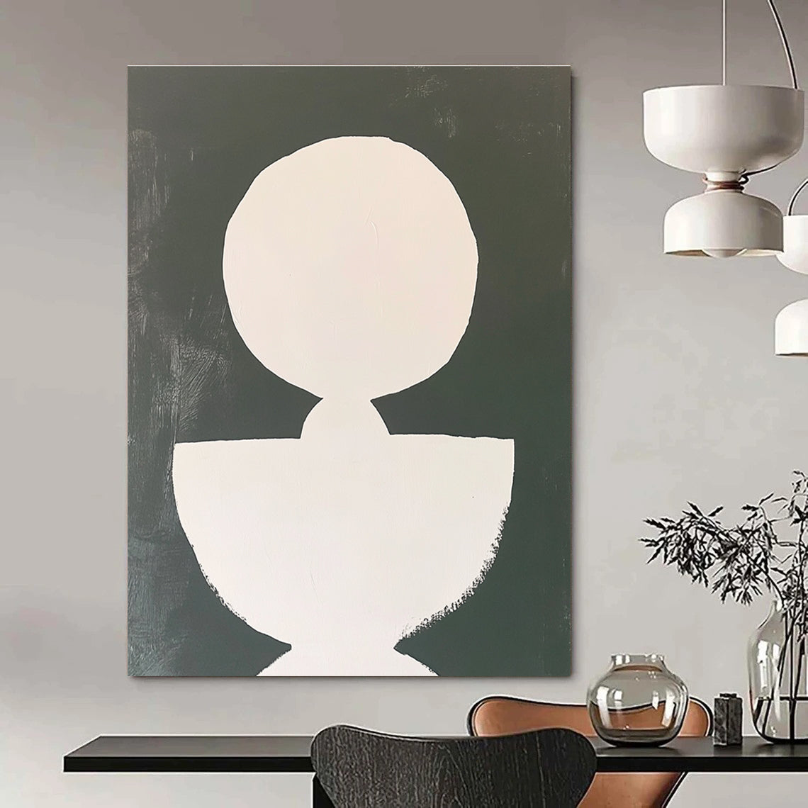 Large abstract painting featuring a white circle and an irregular shape connected by lines on a minimalist background with simple brushstrokes.STSC1250