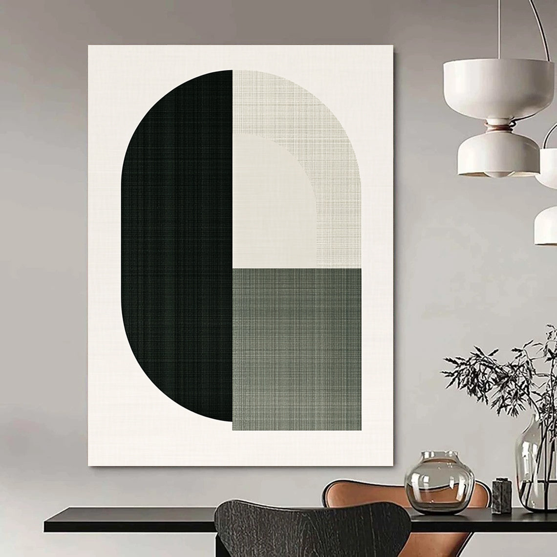 A large abstract illustration featuring an arch and half circle in green shades symbolizes the letter O for a top-grain rug brand.STSC1179
