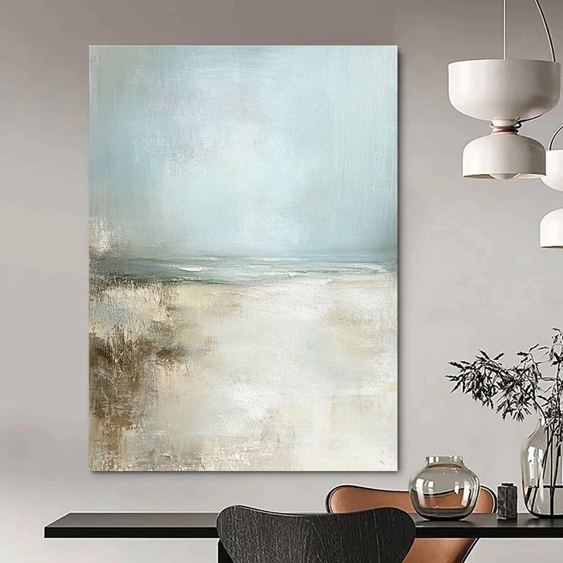 Large abstract painting featuring a serene pale blue sky and sandy beach in neutral colors for a calming ambiance.STSC095