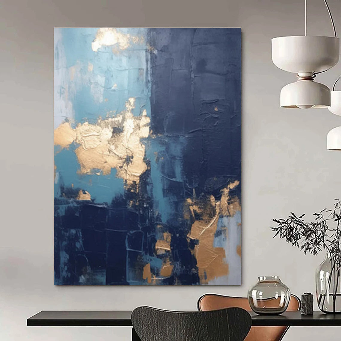 Blue and Gold Textured Abstract Painting with Dark Accents ADGE130