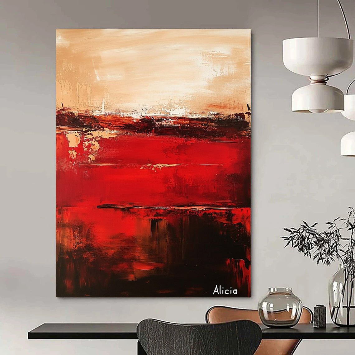 Large abstract painting of red and brown titled Alicia with deep burgundy and pale gold textures on a tranquil sunset-inspired backdrop.STSC690