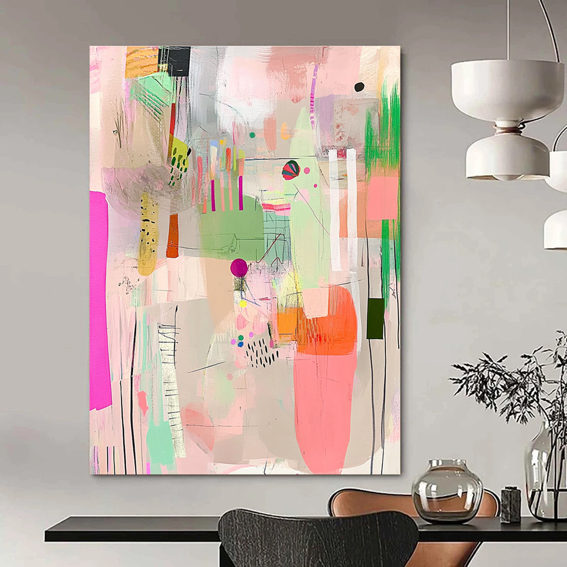 Large abstract artwork features vibrant pinks greens and yellows with playful textures patterns and a joyful sense of movement against a soft white background.STSC573