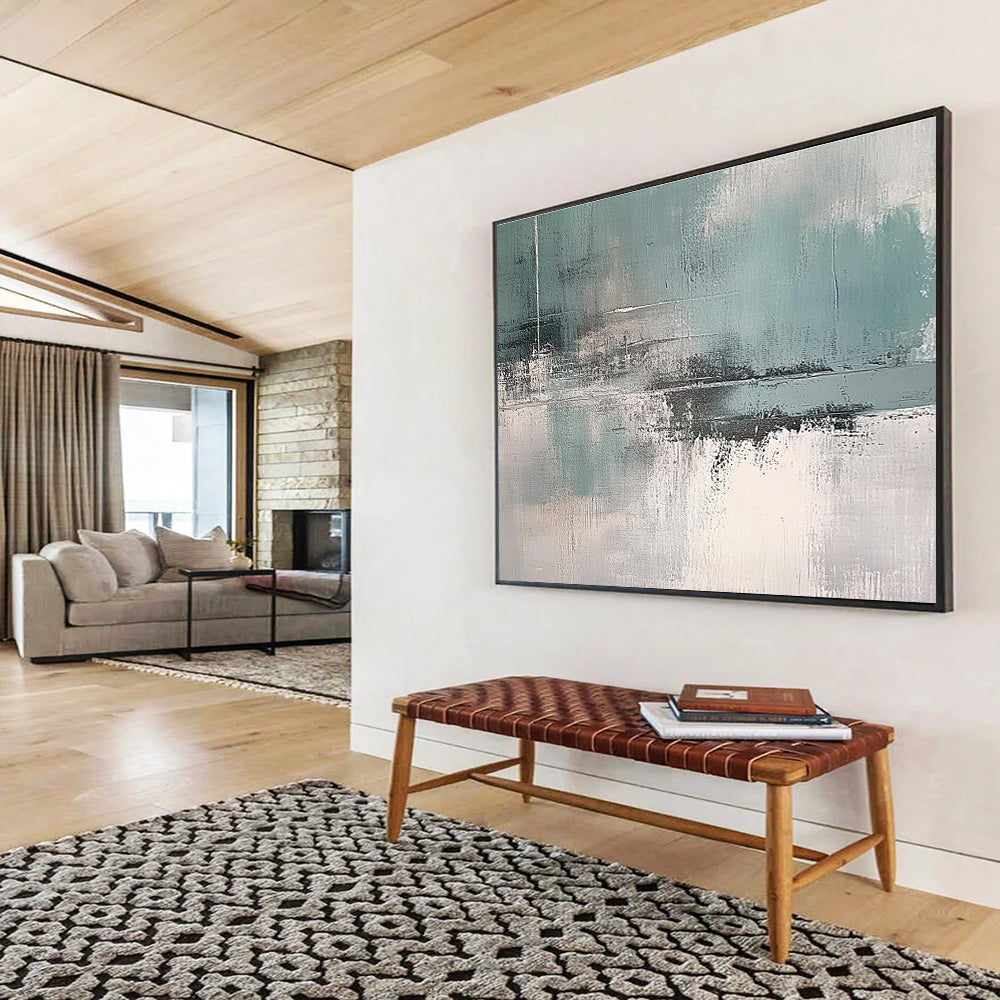 Large abstract art painting featuring muted teal grey and white colors for a sophisticated touch in any space.SC296