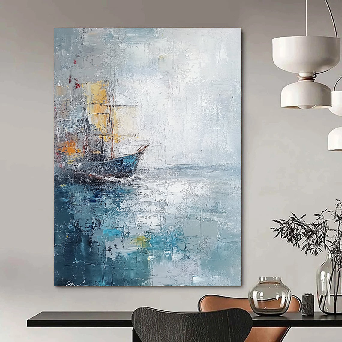Large abstract painting with muted gray and blue tones featuring a distant ship at sea created with palette knife oil on textured canvas.STSC120