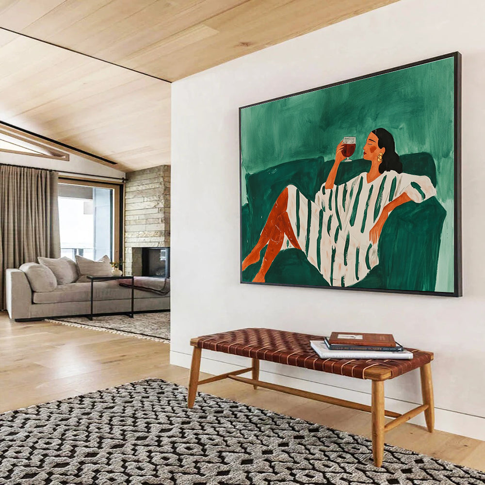 Relaxed Woman on Sofa Abstract Painting with Green and White Tones DYP582