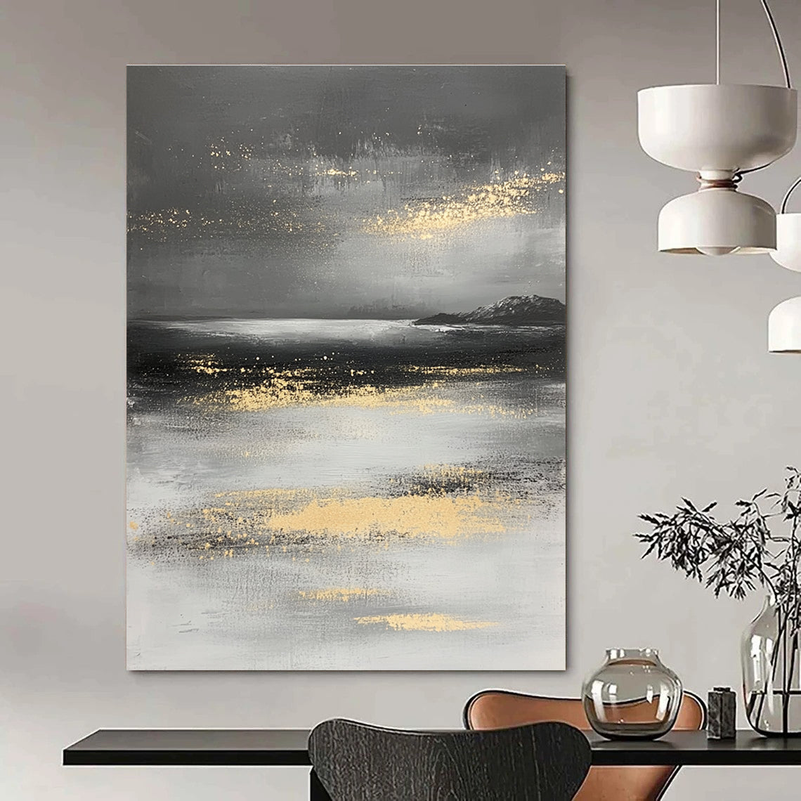 Large abstract painting in gray and white with gold accents depicting a mysterious ocean landscape and misty island.STSC064