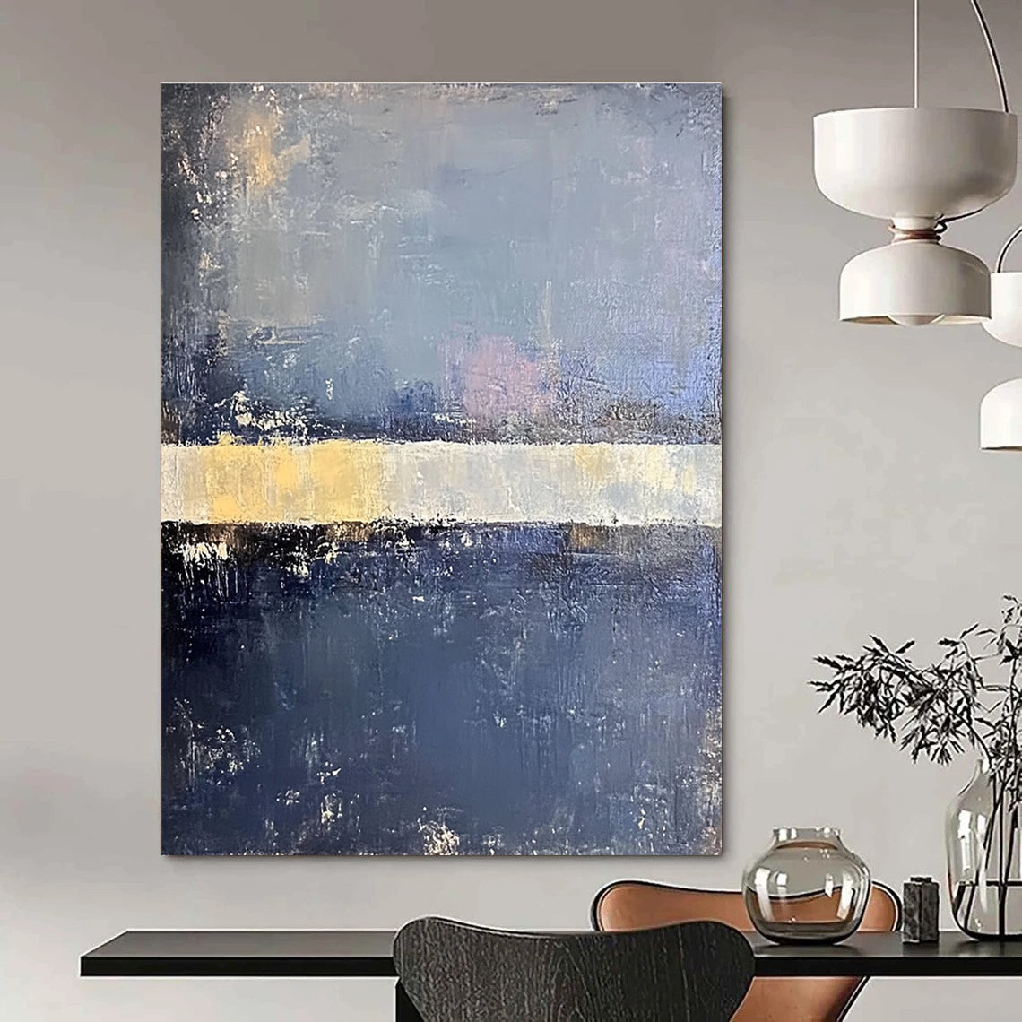 Large abstract painting in faded hues of blue gray and pale yellow with soft edges on a dark gray background featuring a white bar.STSC218