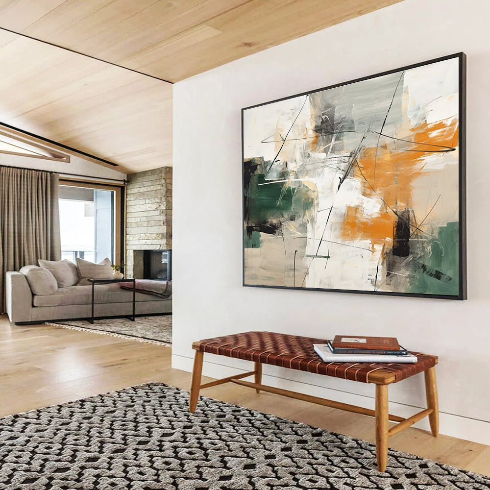 Green Orange and Grey Multi - colored Abstract Painting THY099
