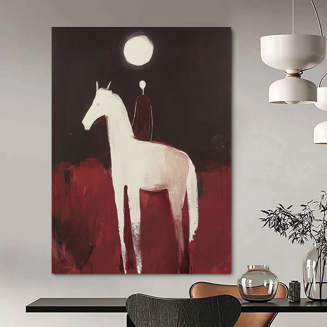 Large abstract painting of an Arabian horse and rider with minimalist forms against a dark red background illuminated by a full moon.STSC572