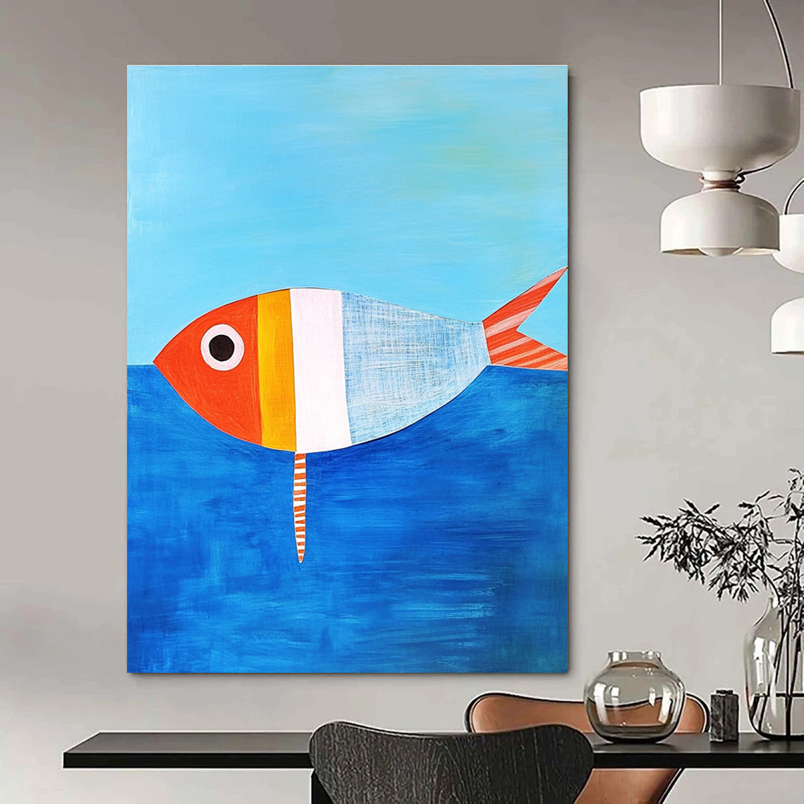 A large abstract painting featuring a simple paper fish in Matisse style against blue water with an orange and white striped tail.STSC1187