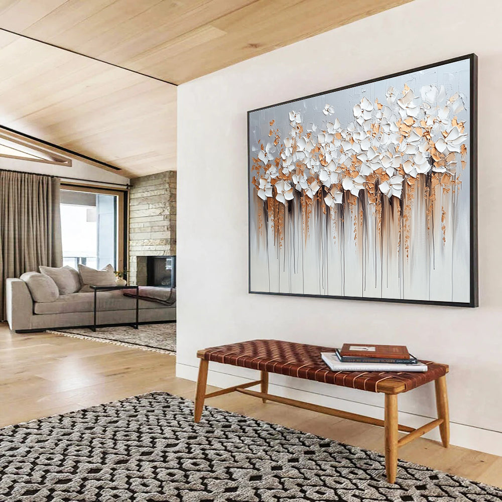 Large abstract painting with flowers in light gray and beige featuring dripped paint technique heavy impasto texture in silver and gold hues.SC294