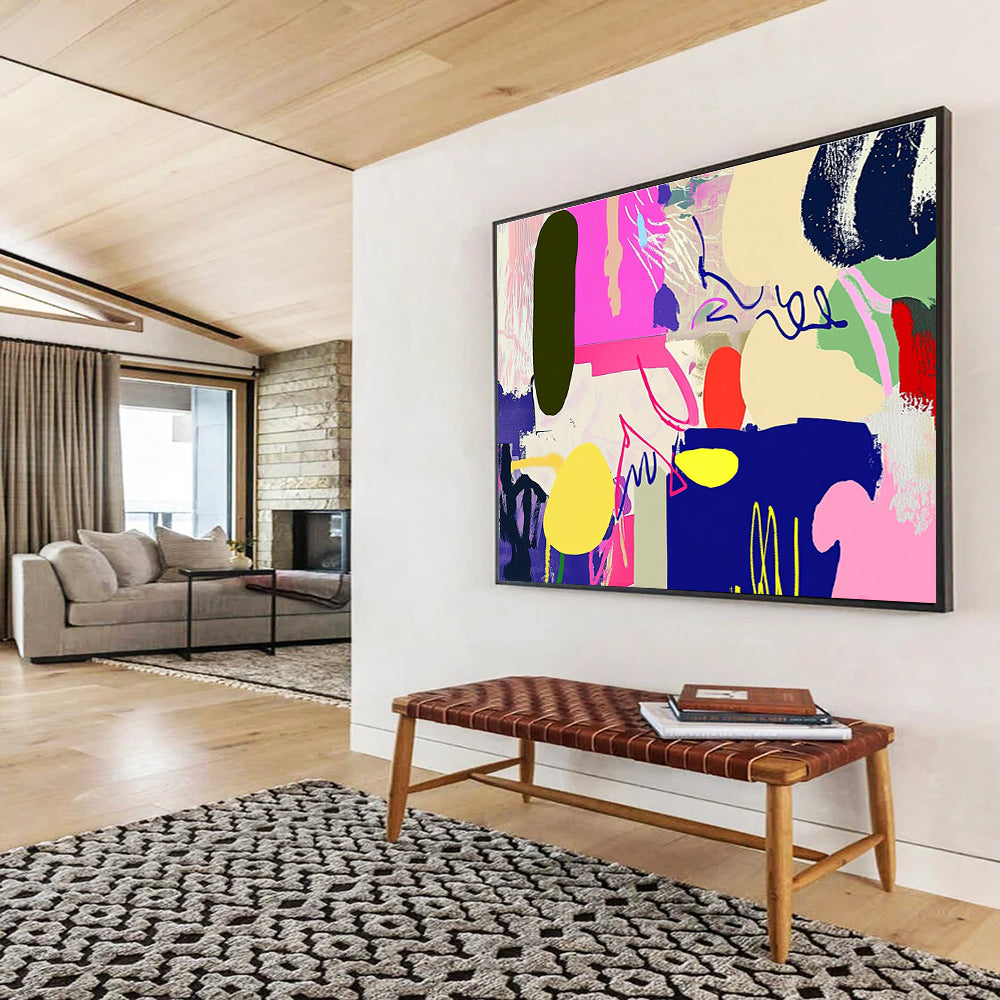 Large abstract artwork featuring vibrant shapes and lines with a unique animal silhouette in the right corner for a striking visual impact.SC455