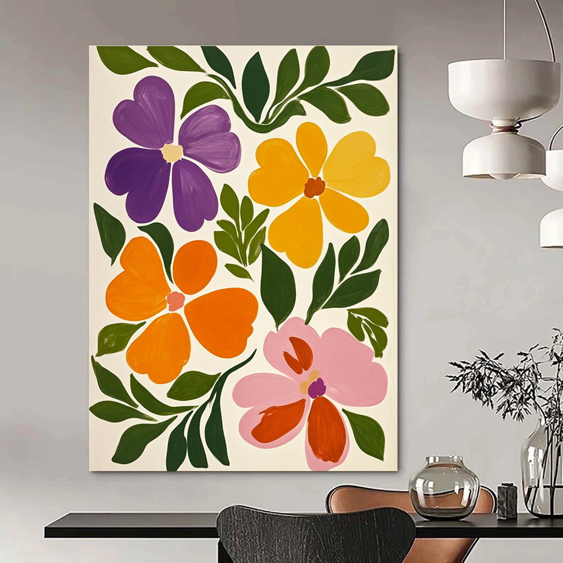 Large abstract painting featuring vibrant flowers with violet and green leaves against a white background in the style of Maira Kalman.STSC1317
