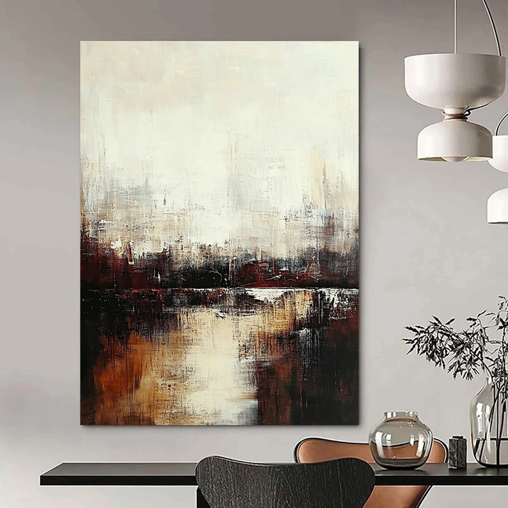 Large abstract painting featuring a serene cityscape in muted tones of white and brown evoking tranquility and introspection through soft brushstrokes.STSC724