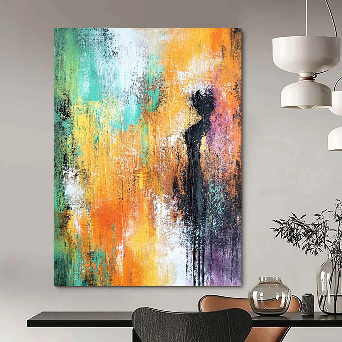 Large abstract painting featuring soft orange and green tones with hints of yellow and purple and a textured background for elegant decor.STSC248