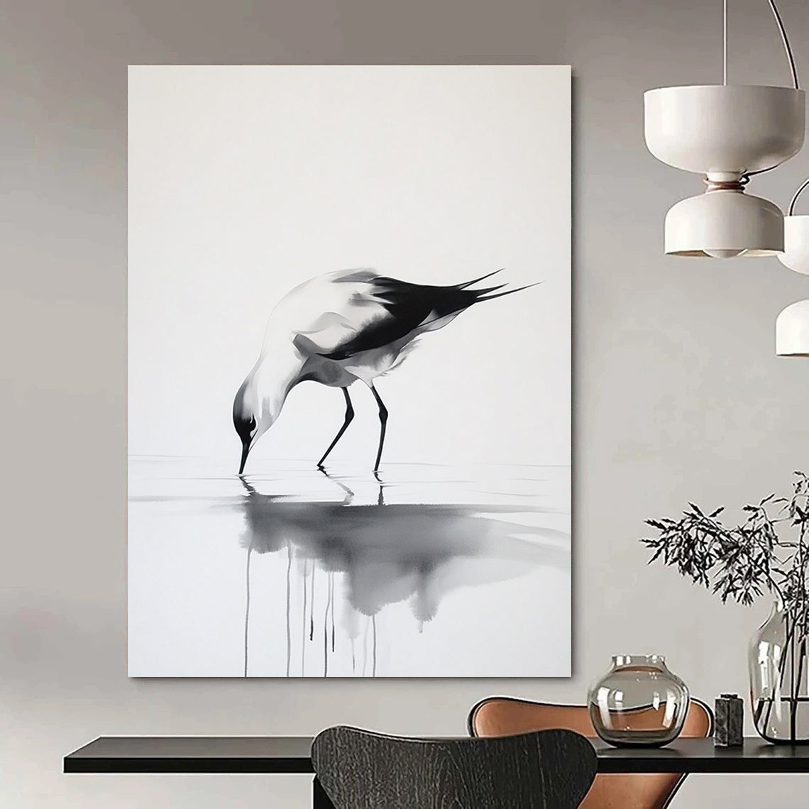 Large abstract ink painting featuring a graceful bird walking on water in a minimalist style with elegant movements and delicate brushstrokes on a pure white background.STSC907