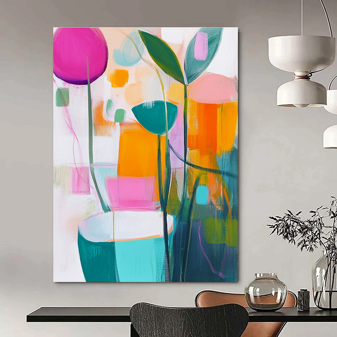 A large abstract painting featuring vibrant pastels of pink green yellow and orange on a white background that captures the essence of springtime.STSC1180
