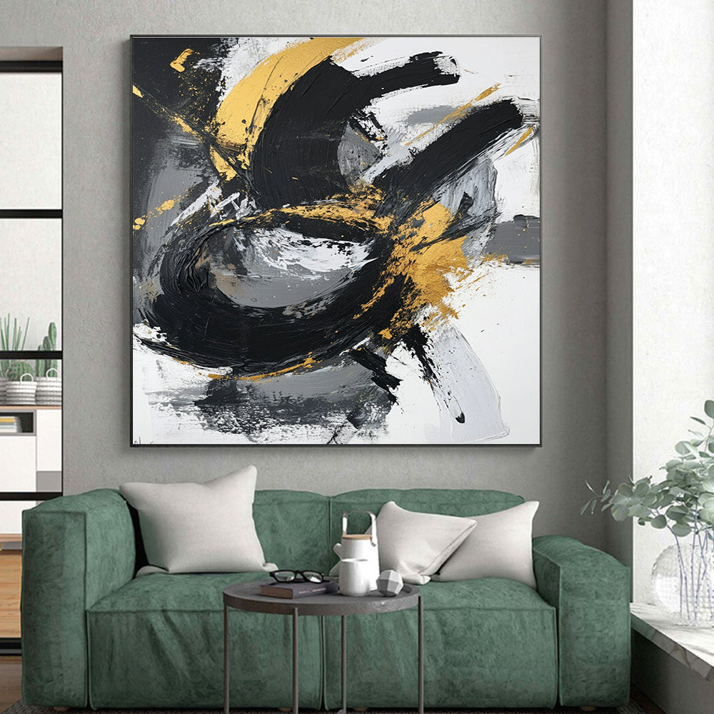 Gold Swirl Abstract with Black White and Gray Motions GER367