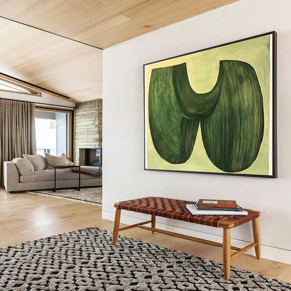 A large abstract painting featuring two organic green shapes fused together on a pastel green background in a 70s retrofuturistic style.SC614