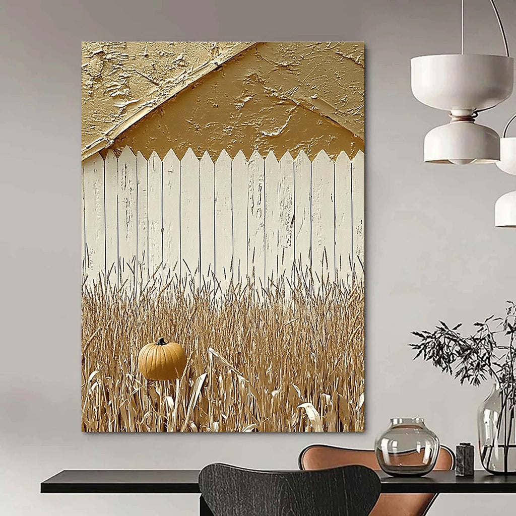 Large Abstract Painting Featuring Autumn Red Barn White Fence Pumpkins and Corn Fields Ideal for Photography Backdrop.STSC890