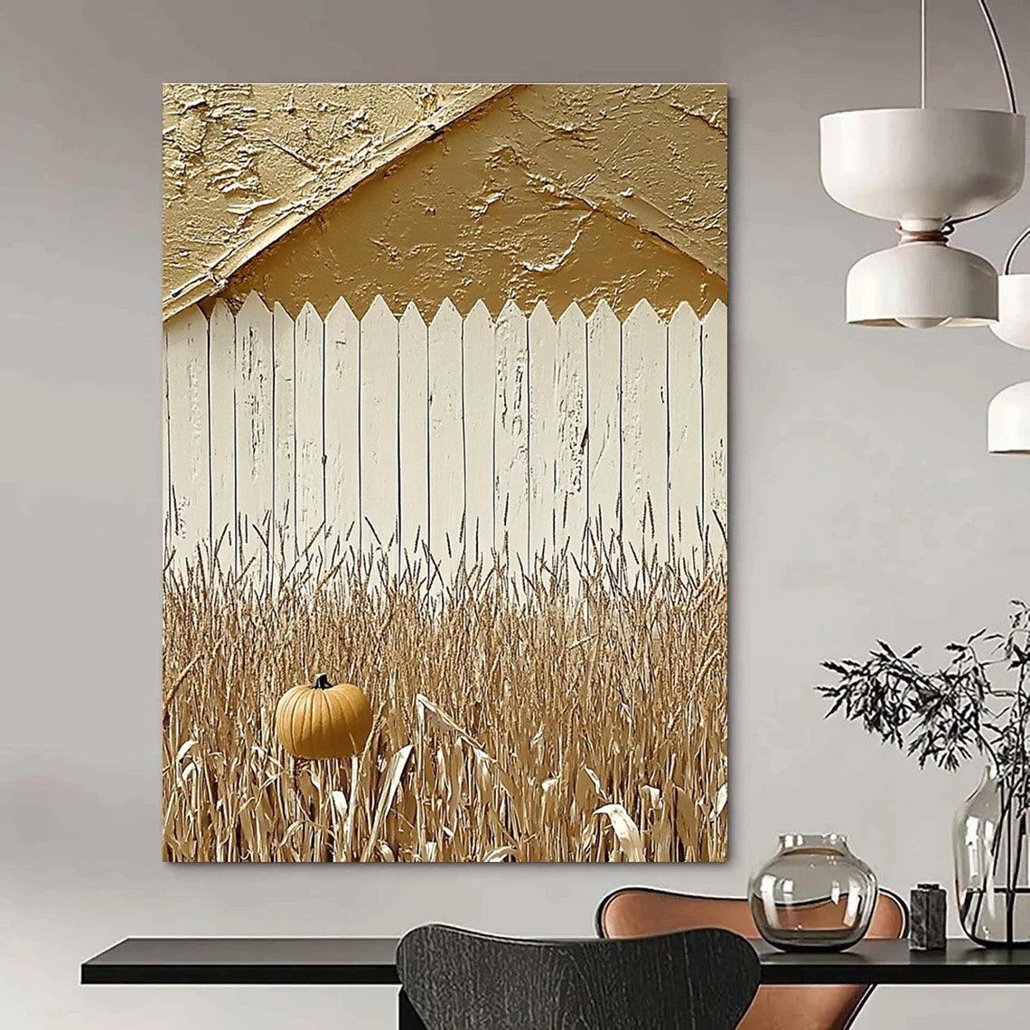 Large Abstract Painting Featuring Autumn Red Barn White Fence Pumpkins and Corn Fields Ideal for Photography Backdrop.STSC890