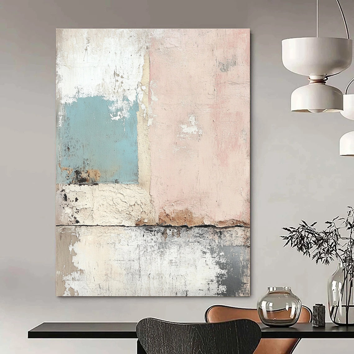Large abstract painting featuring a weathered wall in soft pastels with a nostalgic texture reminiscent of vintage wallpaper.STSC657