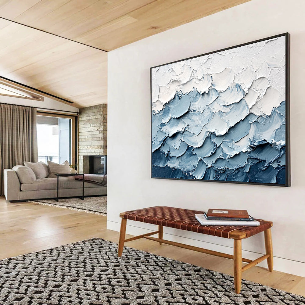 Textured Blue Waves Abstract Painting with Thick Brushstrokes DYP364