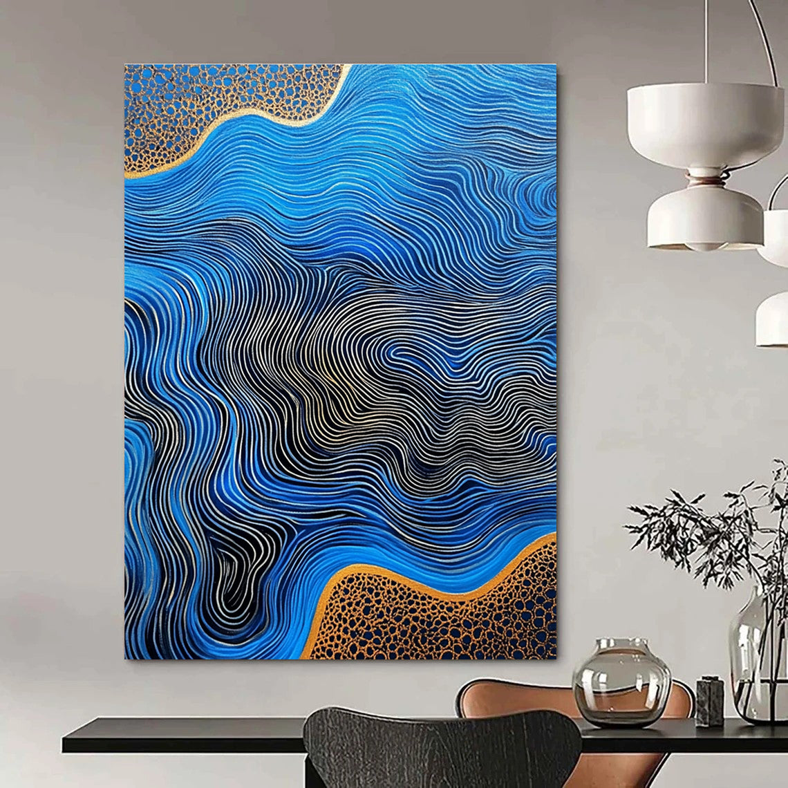 Large abstract artwork featuring flowing river patterns on blue agate with gold lines and a striking high contrast color palette.STSC957