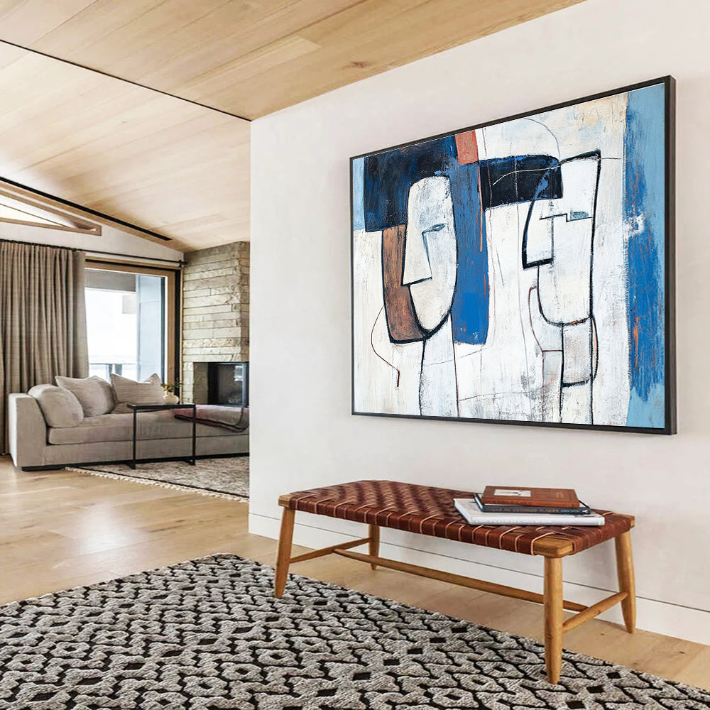 Large abstract painting featuring blue and white figures with brown accents thick lines and simple composition inspired by Picasso's style.SC189