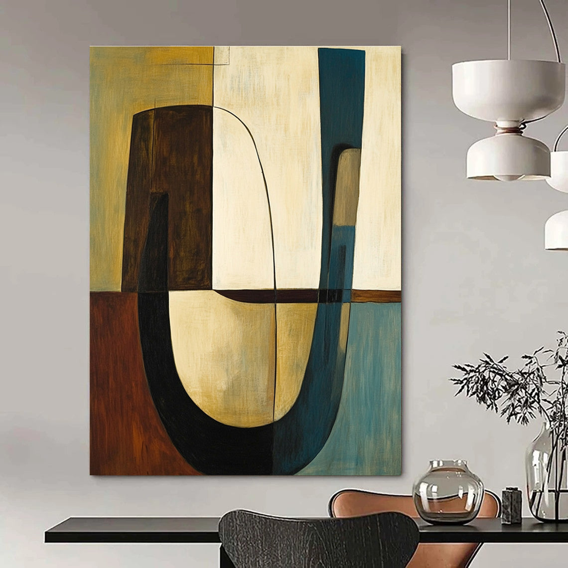 Abstract painting featuring shapes and lines in olive green with brown accents complemented by a large curved table and two chairs.STSC693